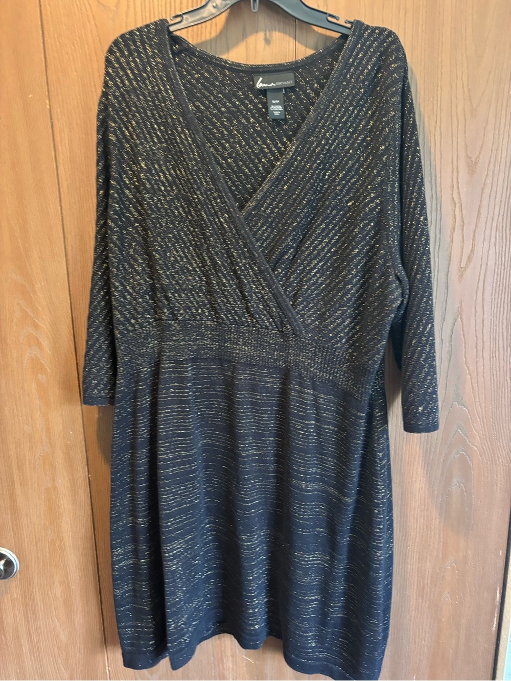 Lane Bryant Black Sweater Dress with Gold Metallic Thread Long Sleeve Wrap
